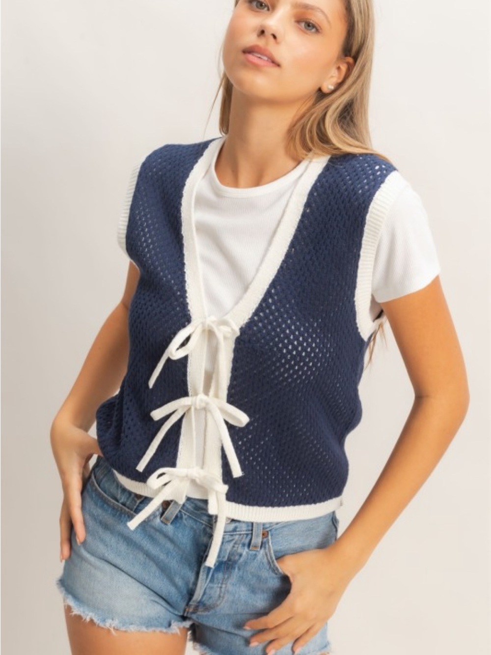 HYFVE Navy and White Crochet Tie-Front Tank Vest